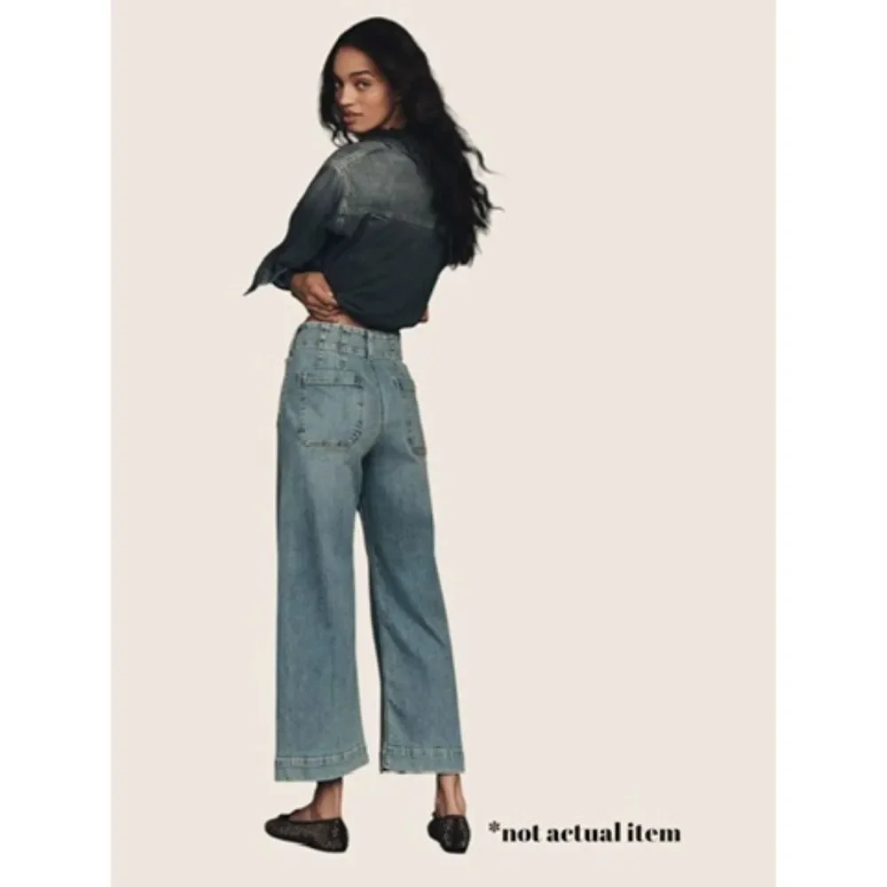👖 ANTHRO MAEVE THE COLLETTE WIDE LEG HIGH RISE CROP LIGHT WASH "PALMS" SIZE 27 - Picture 2 of 8